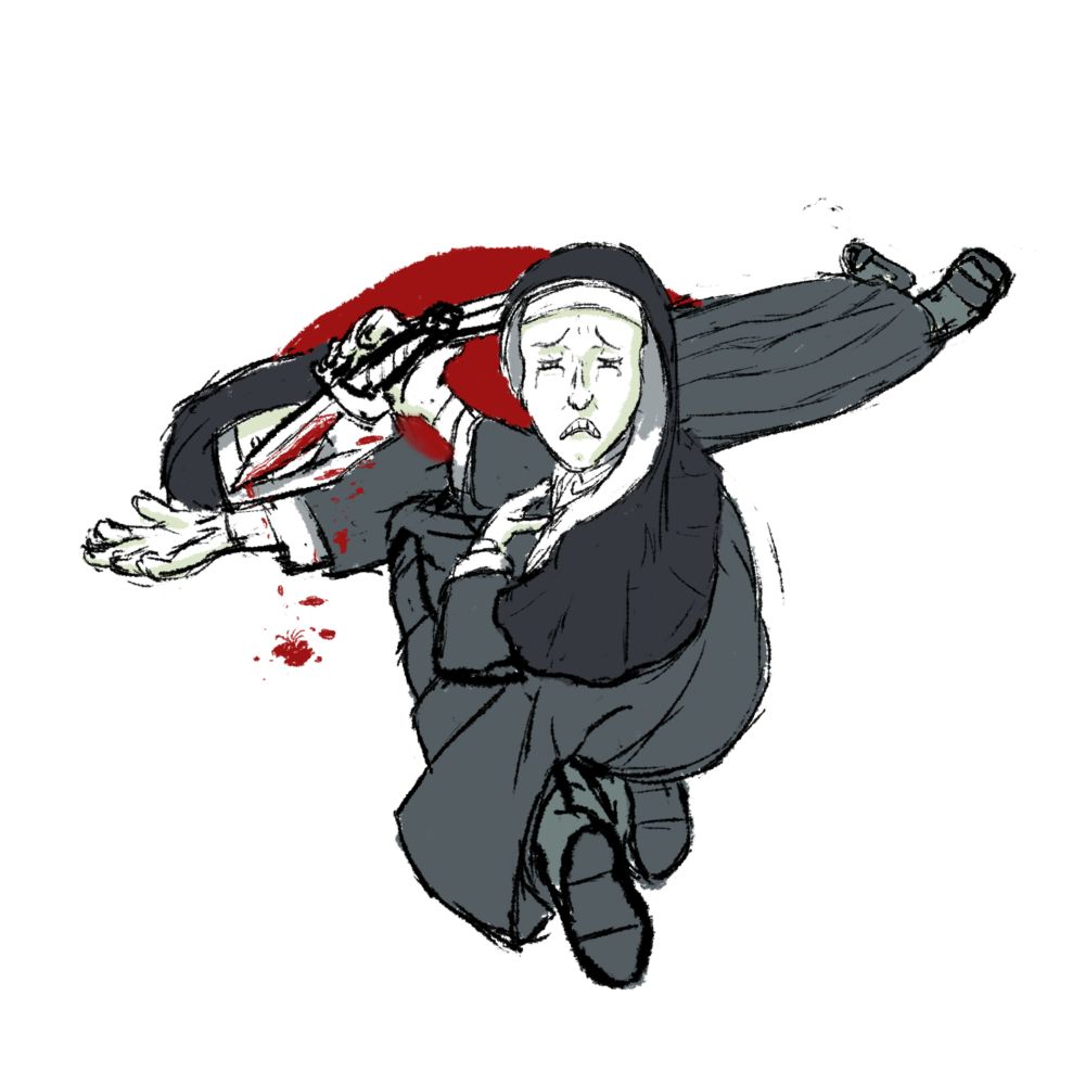 A crying nun kneels beside a lifeless fellow sister and stares up and behind her toward the viewer. She holds a knife with blood on it, dripping a trail from the body to the ground where the knife now hangs over. A large puddle of blood spreads beyond the murdered nun lying on the floor.
Sorry if the alt text is confusing. I'm incredibly high right now.
