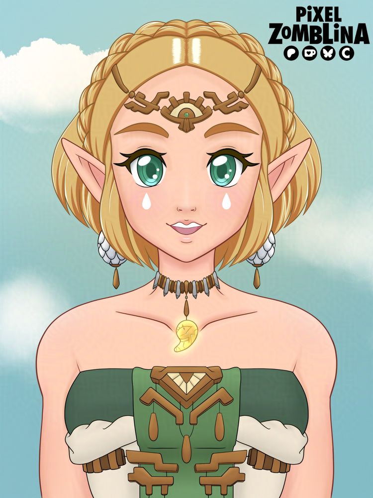 Fan art of Princess Zelda from Tears of the Kingdom facing foward. She's wearing her gown from the game that's green and white.