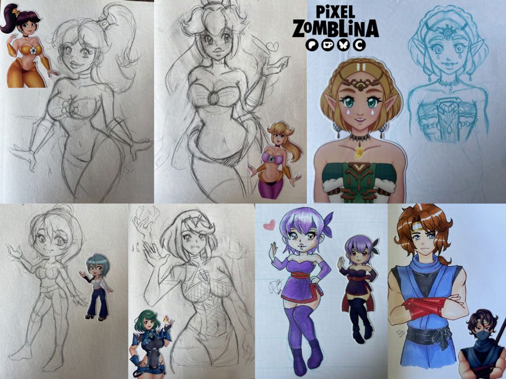 Random Sketches with their final sticker counterpart.
Top Row: Princess Daisy in a Genie inspired outfit, Princess Peach also in a genie inspired outfit, and Princess Zelda in her ToTK outfit. 
Bottom Row: Chibi Tamaki, Pyra, Ayane, Kenji