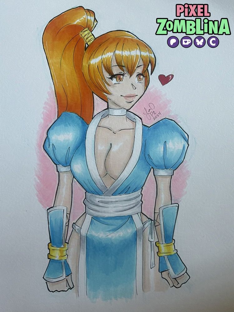 Copic sketch of Kasumi from Dead or Alive in her classic blue outfit. She is facing right (her left).