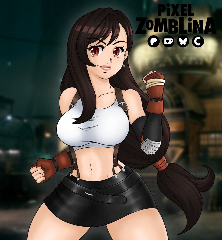 Fan art of Tifa from Final Fantasy 7! Her outfit is based on her main design from the game in 1997 where she has a smile skirt with suspenders. Her top is just a white crop top, and she is in a battle stance. Both her fists are clenched in her classic red gloves. On arm is up by her face and the other is behind her but still visible. She is ready for battle!