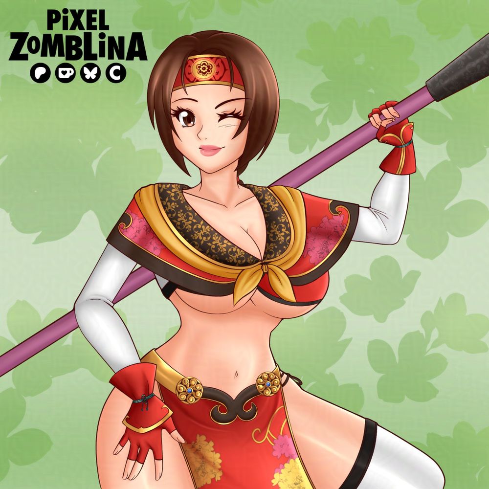 Fan art of Seong Mina from Soul Calibur 6. She has her held up behind her and her other hand is on her thigh. She is looking at the viewer and winking. She is wearing her red outfit from the game with the white tights on her arms and legs. She still has the pink and yellow flowers on her main outfit.