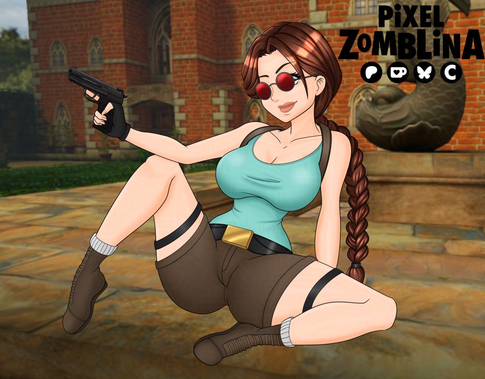 Fan art of Lara Croft sitting on her fountain. She is sitting back, her knee up propping her arm up that’s holding a gun. She is wearing her classic red glasses that I also call her Elton John glasses. 