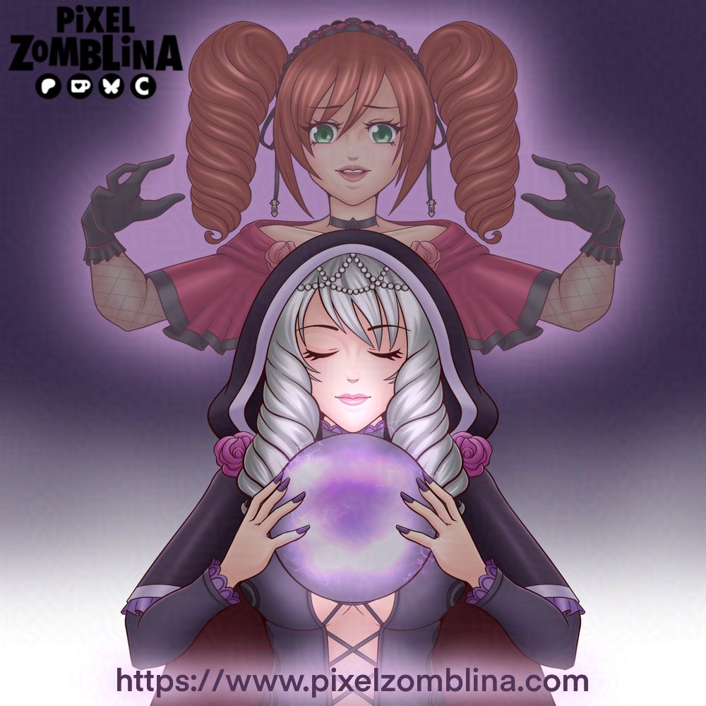 Soul Calibur fanart featuring Amy (Soul Calibur 6) and Viola (Soul Calibur 5). Amy is behind Viola with her hands looming over her and Viola holds her crystal ball in front. Amy is merely a fading shadow as Viola tries to recall her past. 