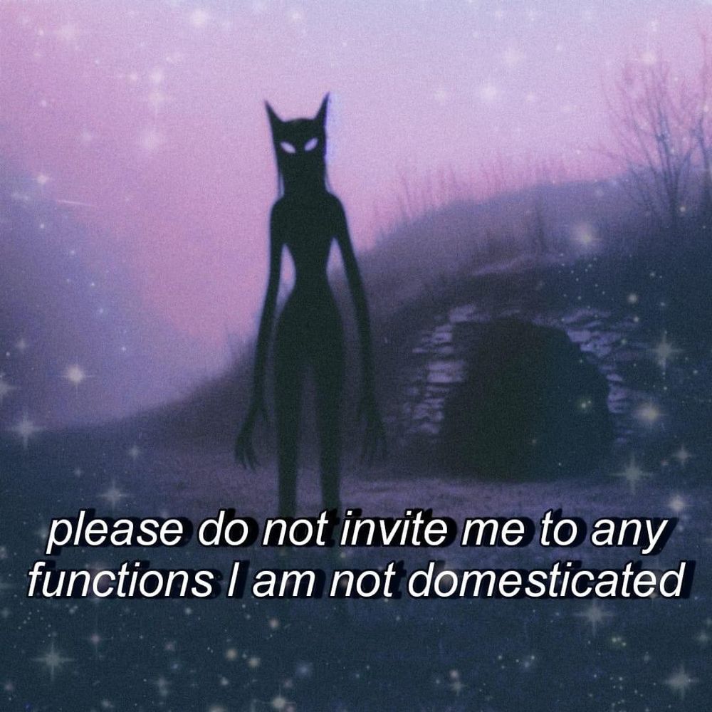 A tall, shadowy cryptid stands outside of a cave shrouded by a purple fog and sparkles with the text "please do not invite me to any functions I am not domesticated"