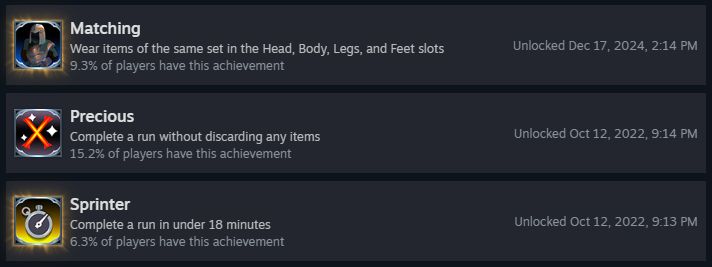 Screen capture of Ring of Pain achievements earned. There is a 2 year gap between the dates of the speed run achievement and the most recent achievement earned on stream yesterday.