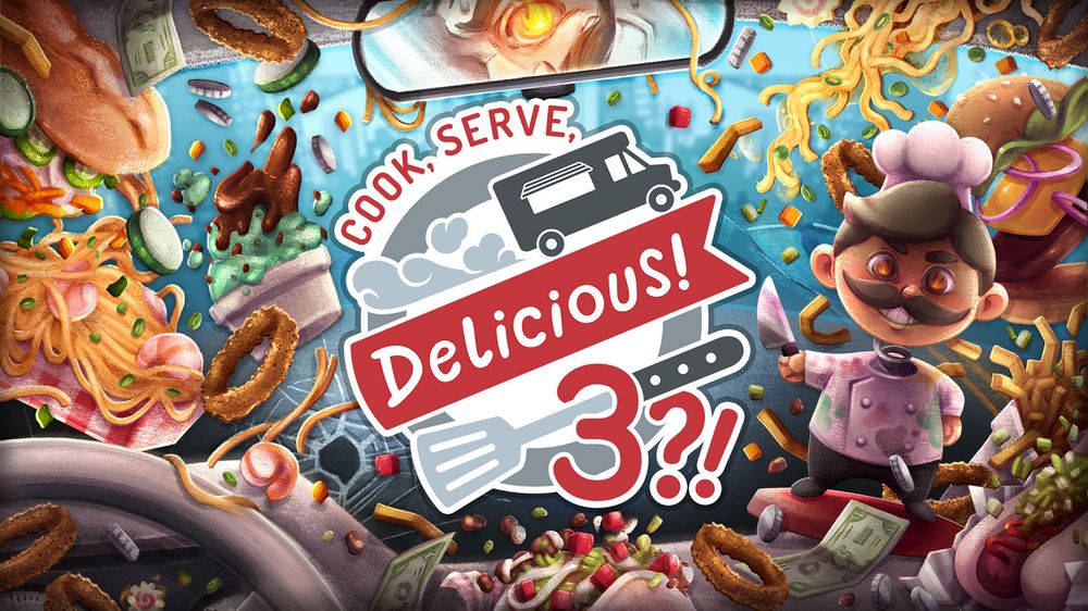 Banner for the game "Cook, Serve, Delicious! 3!?" featuring a variety of foods flying around the cab of a vehicle. There is a bobblehead of a chef on the dashboard and what appears to be a bullet hole in the windshield.