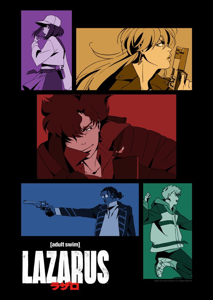 The poster of Lazarus on HBO Max featuring each of the 5 main characters in a different colored box.