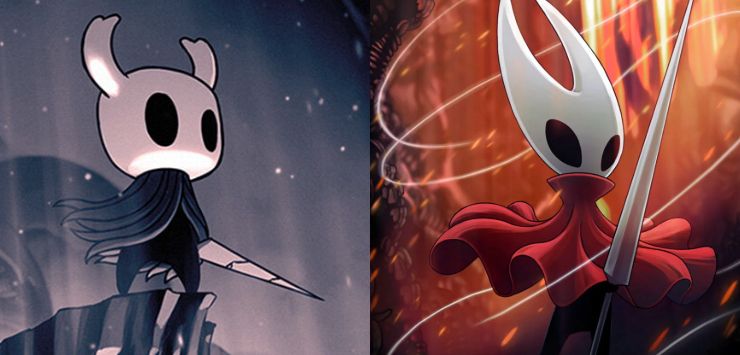 Picture of the protagonists of hollow knight and hollow knight silksong separated as if showing a before and after
