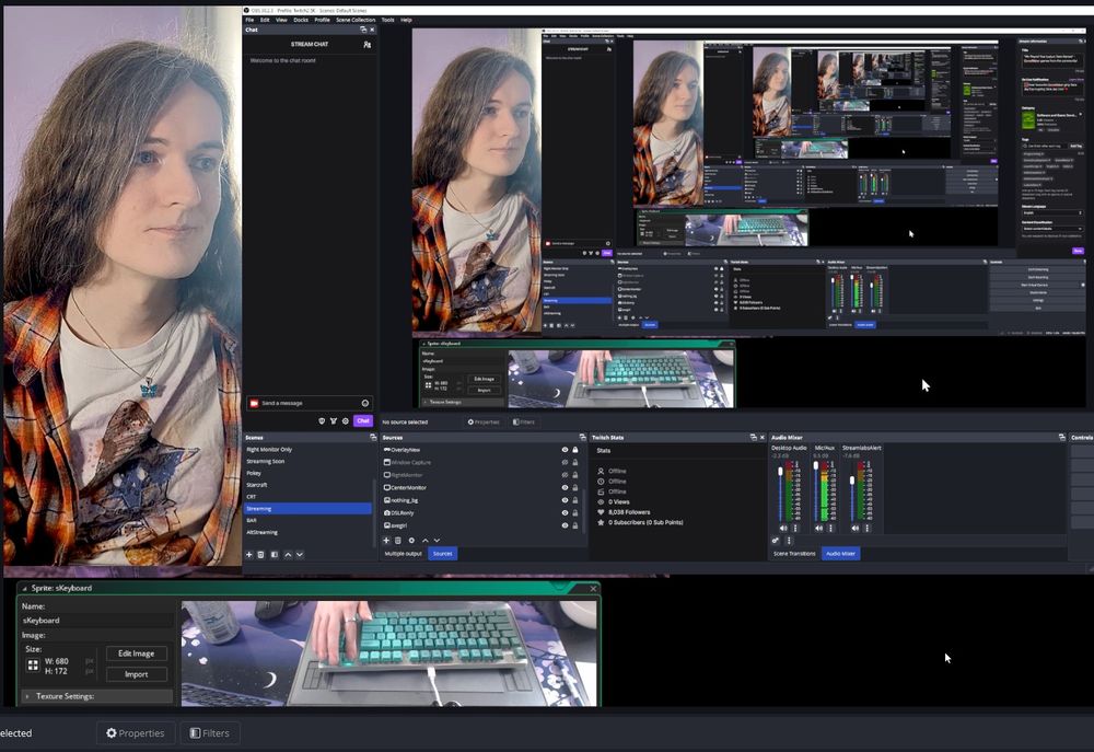 A screenshot of Sara's OBS layout, she's using her phone as a camera instead of her usual DSLR. The screenshot shows an infinite cascading image due to OBS itself being onscreen.
