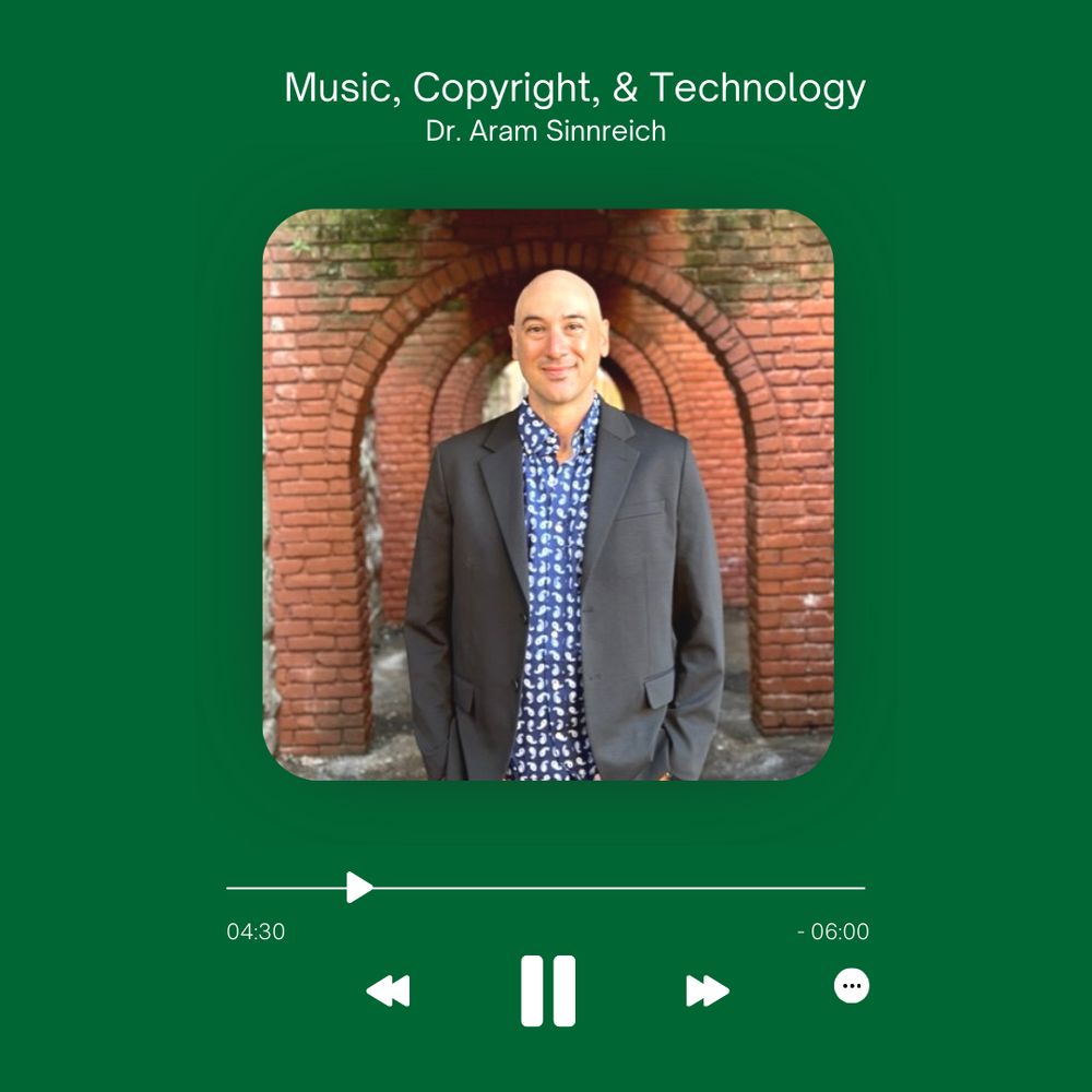 Apple Music player interface edited to include a picture of Aram, have his name as the musician, and his talk title "Music, Copyright, & Technology" as the song title currently playing