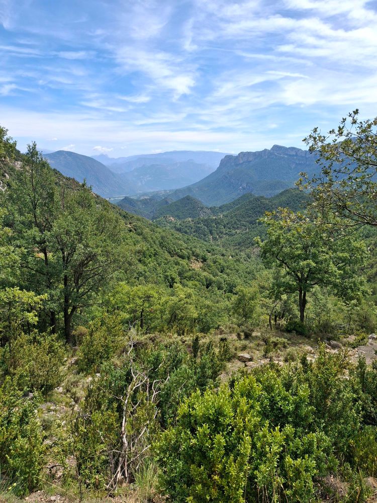 A mountain view. Shrubs and trees dominate the view. In the distance a tiny cluster of houses, under a blue and white sky, darker mountains in the far distance.