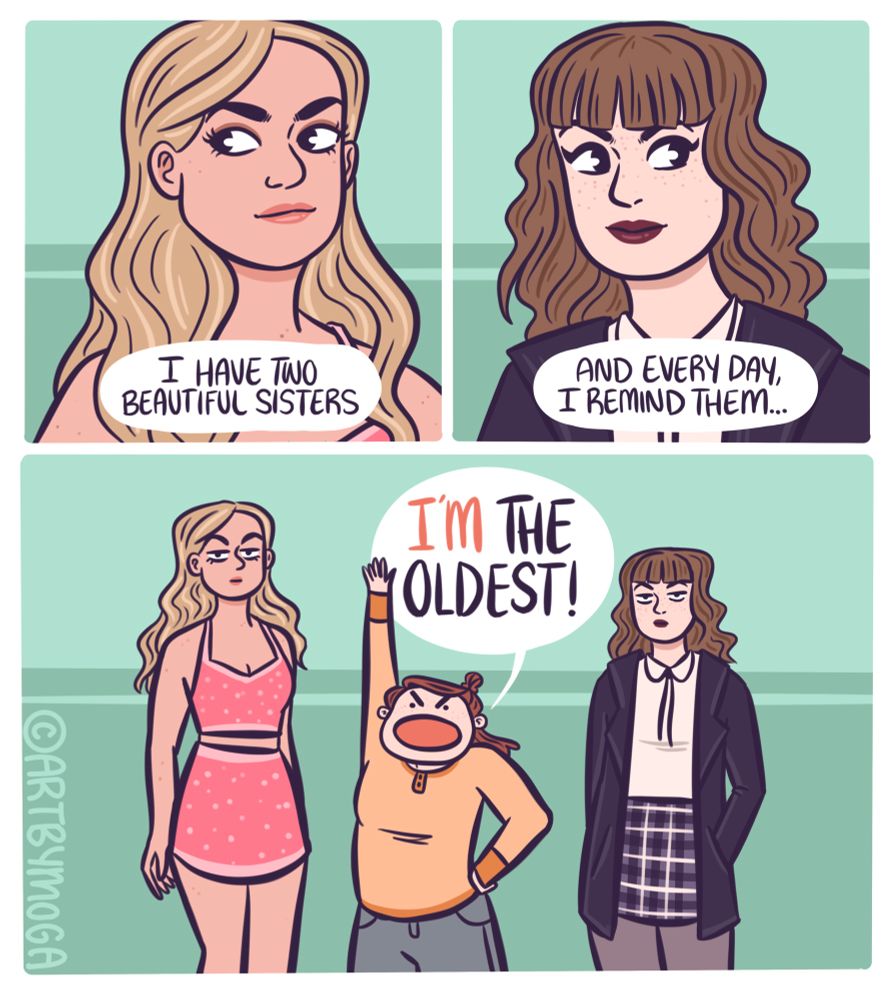 I have two beautiful sisters and every day I remind them….
(Last panel shows how short Meg is compared to her two sisters)
I’M THE OLDEST