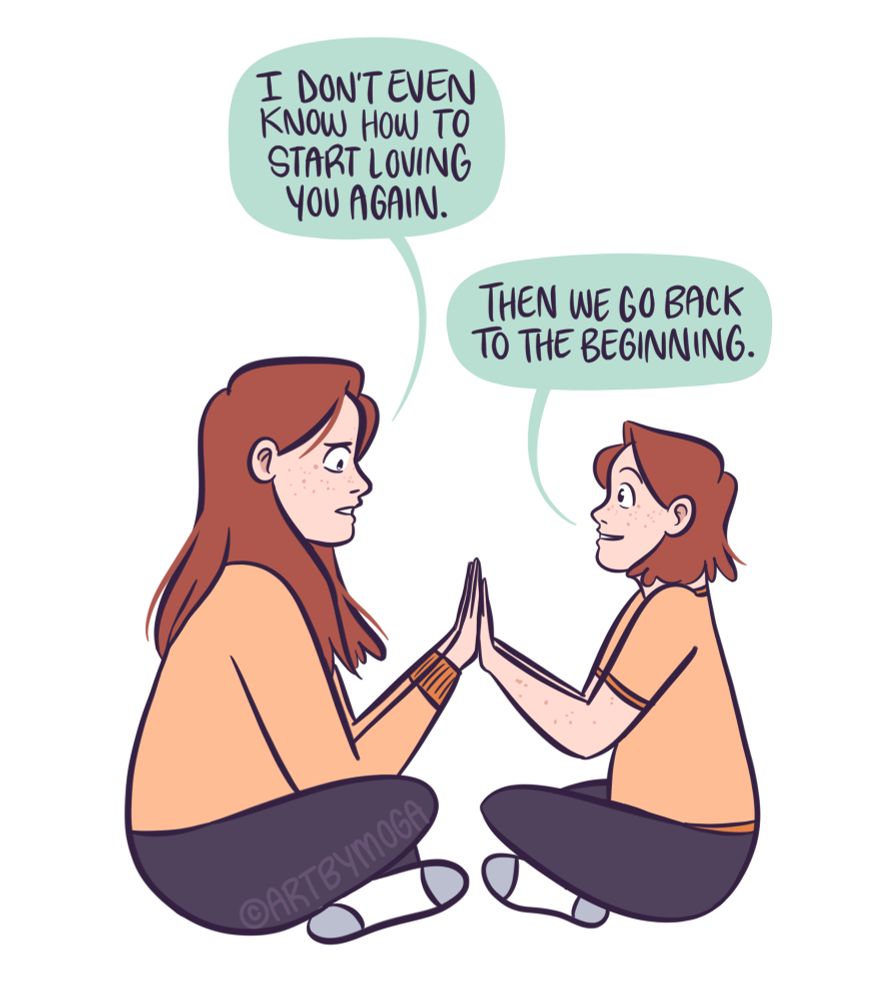 Mrg skts with a young version of herself. “I don’t even know how to start loving you again.” Kid Meg smiles, “then we go back to the beginning!