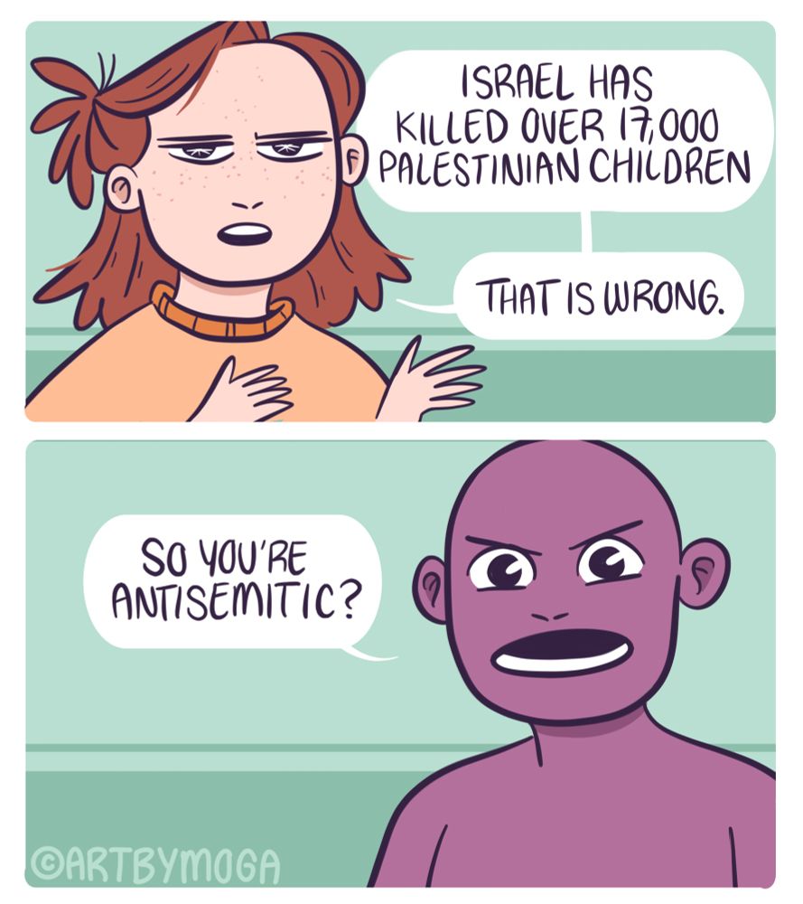 Meg says “Israel has killed over 17,000 Palestinian children. That is wrong.” A purple guy goes, “So you’re antisemitic?”