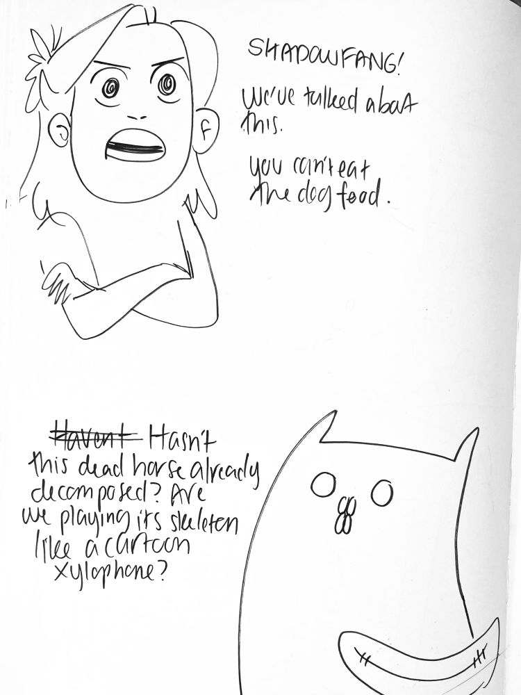 Shadowfang! We’ve talked about this. You can’t eat the dog food. 
Hasn’t eaten us dead horse already decomposed? Are we playing its skeleton like a cartoon xylophone.