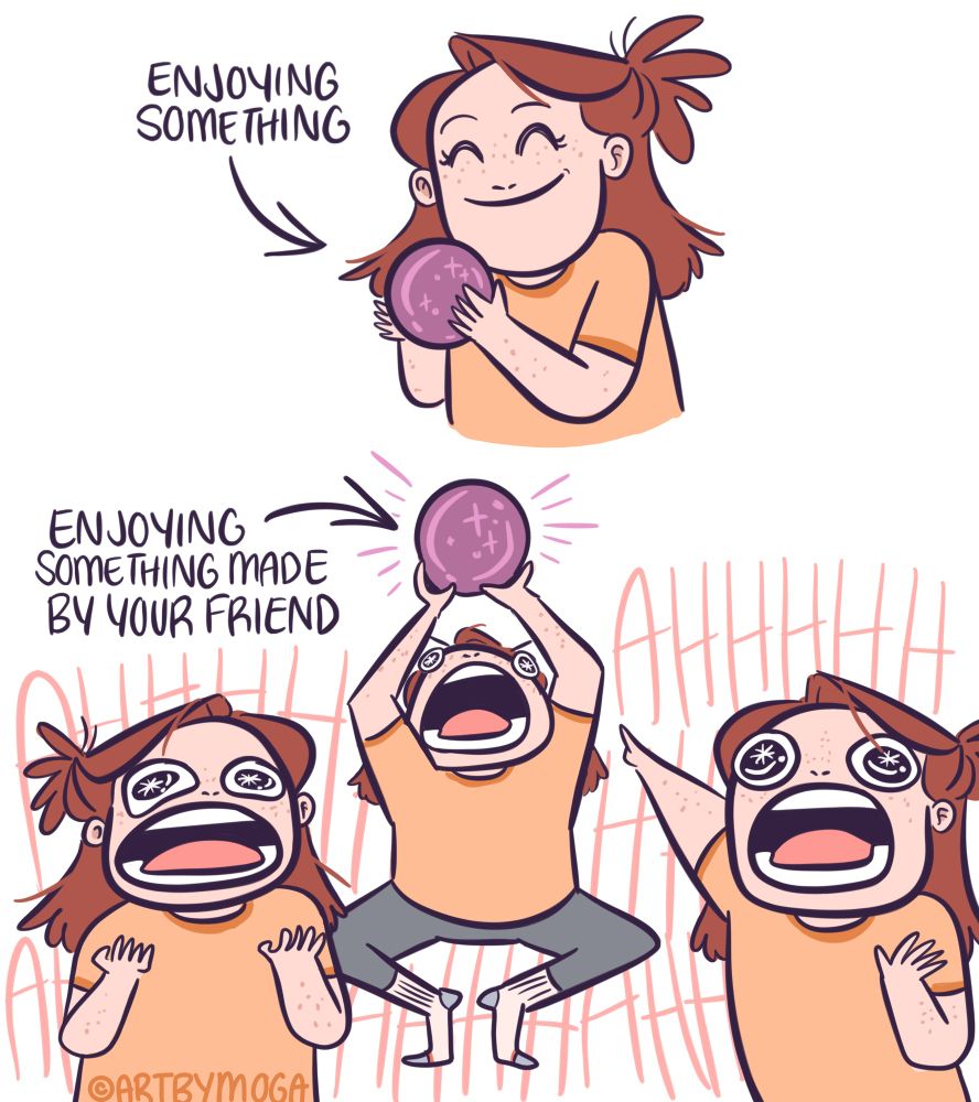 “Enjoying something” - Meg holds something and enjoys it with a smile. “Enjoying something made by your friend” - 3 Megs appear, all screaming AHHHHHHHH and excited/pointing to something (made by a friend).