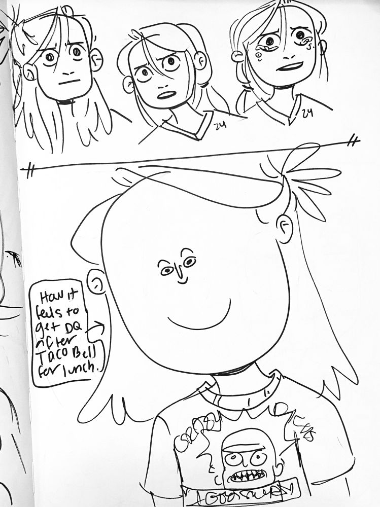 A couple sketches and then a doodle of me with a tiny face on a big head wearing a Rick Sanchez shirt saying “how is feels to I get DW after Taco Bell for lunch”