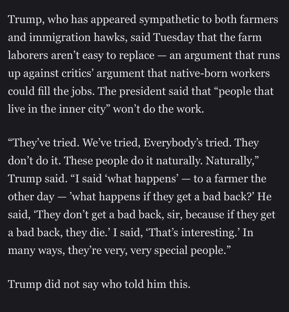 Excerpt from Politico showing Trump’s racist comments about migrant workers