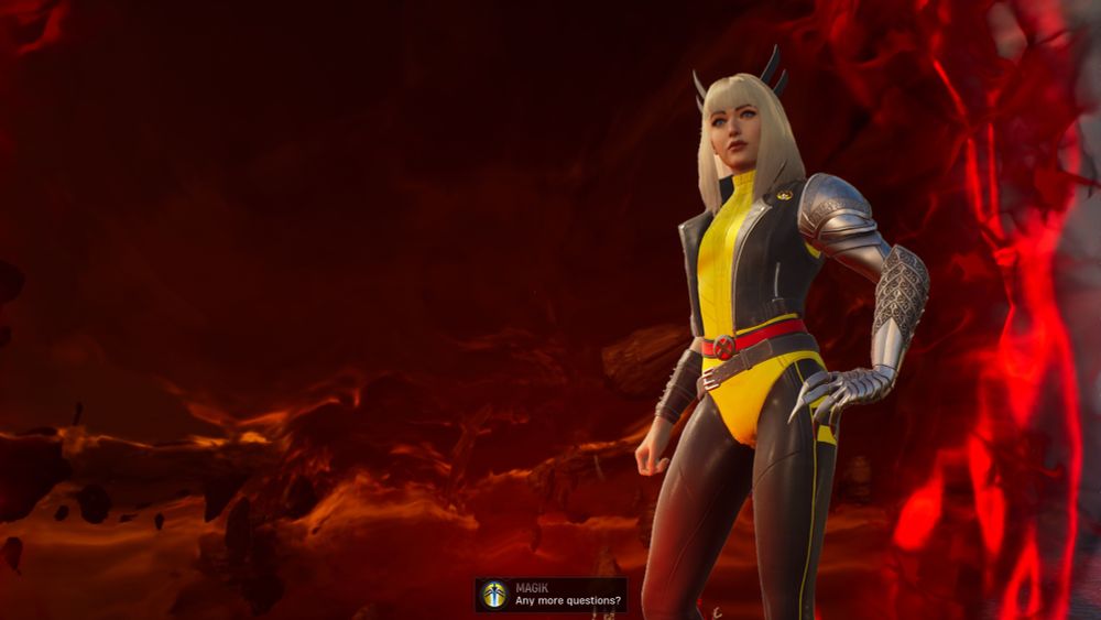 Magik in Marvels Midnight Suns asking "Any more questions?"