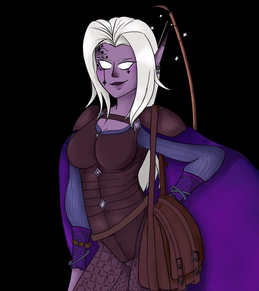 purple skinned elf with white hair, pure white eyes, a bow on her back, a bag on her shoulder and a royal purple cloak smirking. 