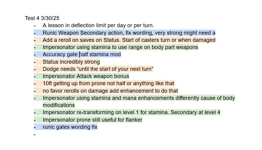 A list of color coded notes of things that are being updated with Arask pertaining to basic rules needing updates as well as notes on how the Impersonator Class needs to be updated and have a second pass through as well as Arcane Warrior needing to be updated.