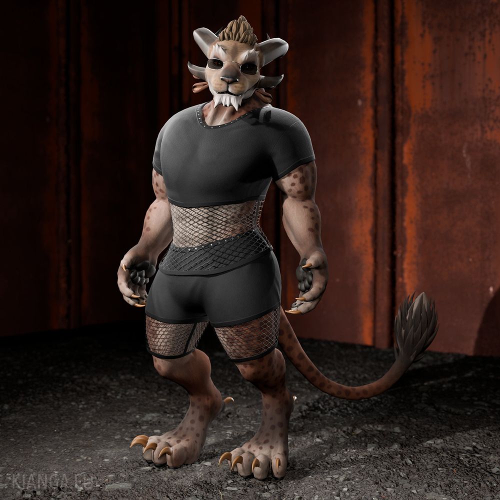 3D render of a male charr with brown fur, wearing stylish dark sunglasses and a black shirt and shorts. The lower half of each have a mesh design that shows the fur of his belly and thighs.