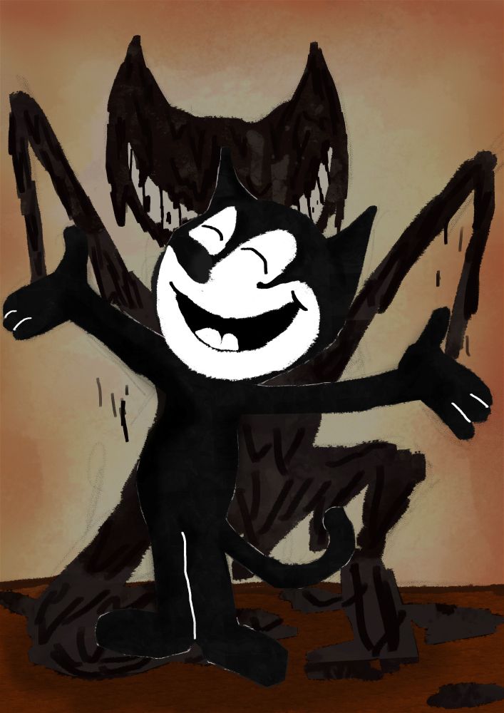 A black and white cartoon character kinda looking like a cat or fox, outing up their hands and getting ready to bow before the audience. Behind a inky demon. The character is from Bendy and the Ink machine video game.