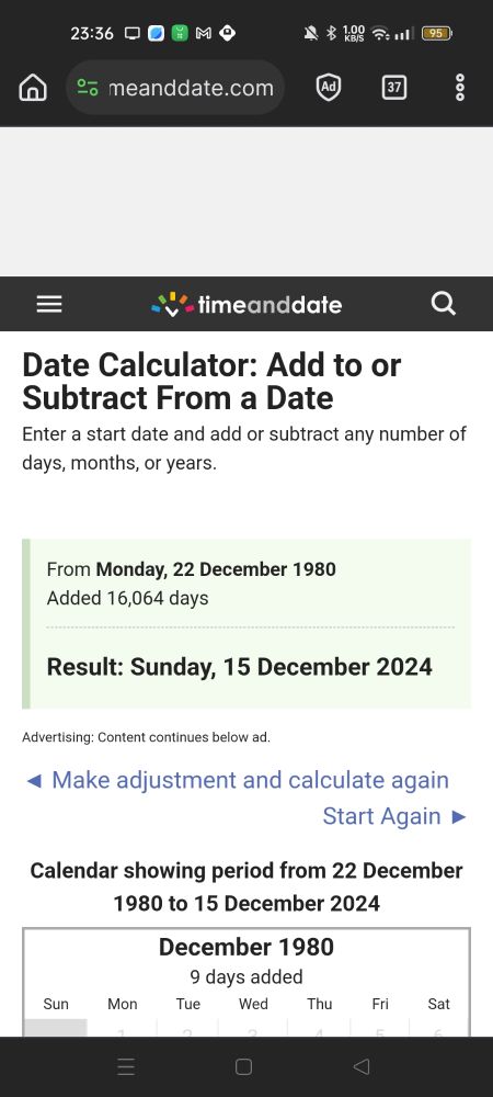 A screenshot showing that adding 16064 days to 22 December 1980 actually results in 15 December 2024