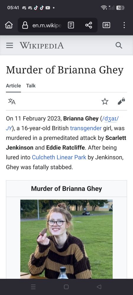 Wikipedia article on the stabbing of trans teen Brianna Ghey that occurred on Saturday, 11 February 2023