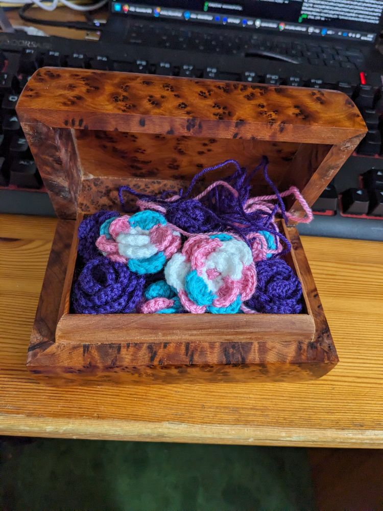 A wooden box with the lid open to reveal 24 purple and trans flag coloured crochet roses