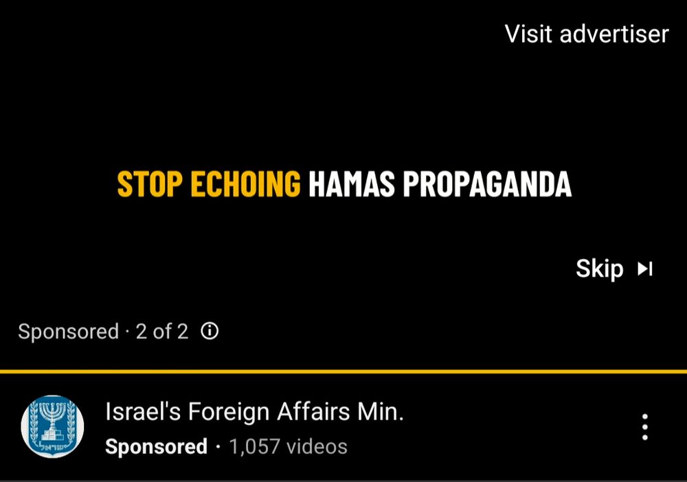 A screenshot of a YouTube ad from Israel's foreign affairs ministry with the caption "STOP SPREADING HAMAS PROPAGANDA"