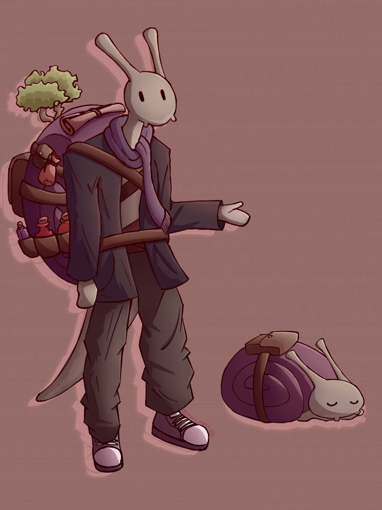An anthropromorphic snail with a shell covered in goodies and bags