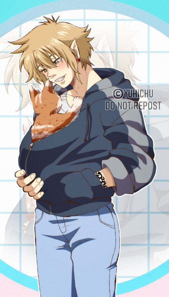 My oc Yusei with orange cat in his jacket