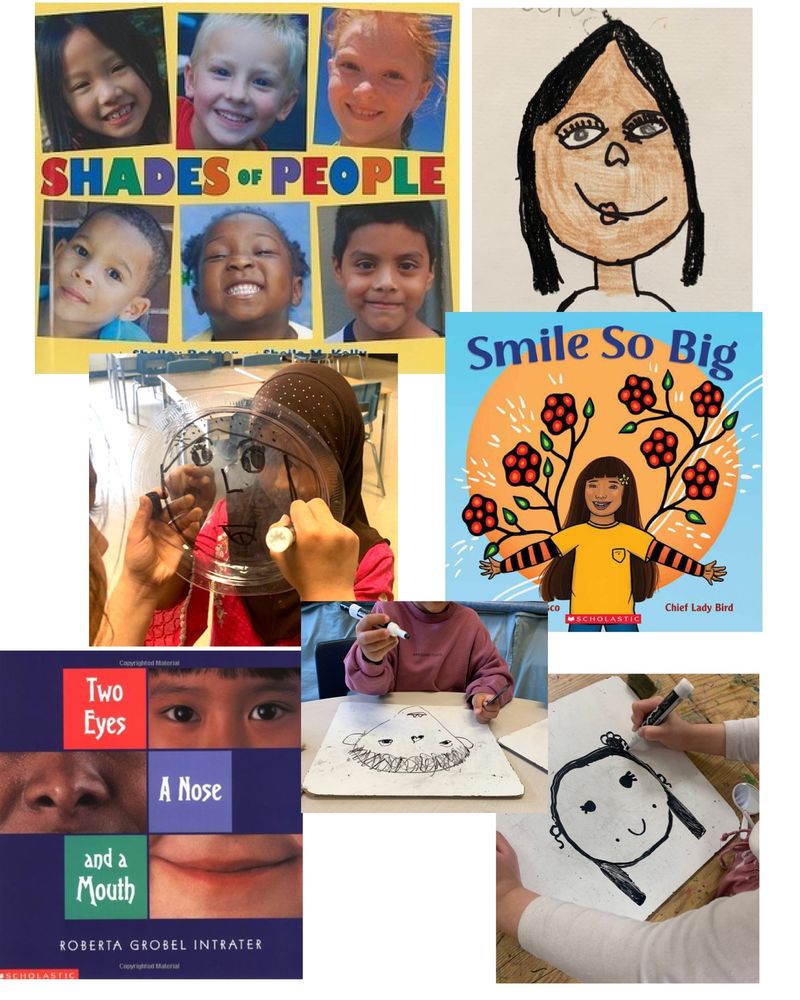 A variety of student drawn portraits & book covers of read alouds  