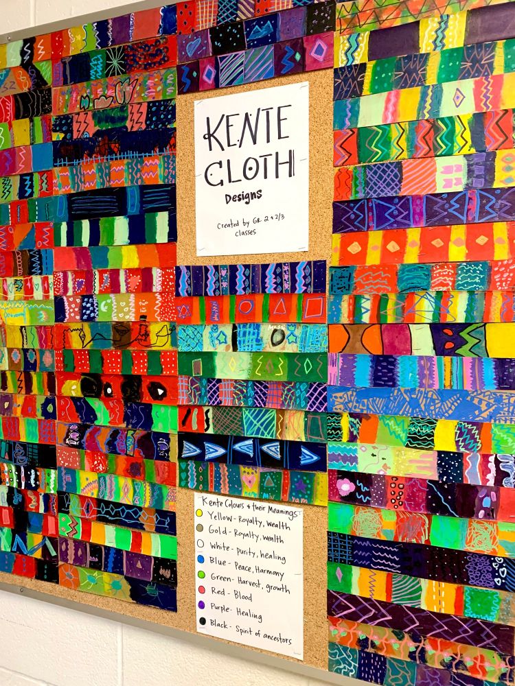 Kente cloth designs with bright colours & patterns made with tempera paint sticks and acrylic paint markers
