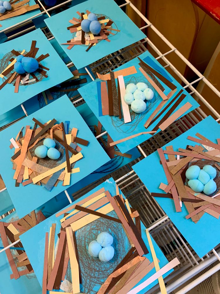 Mixed media robin’s nests, using collage materials and modelling clay