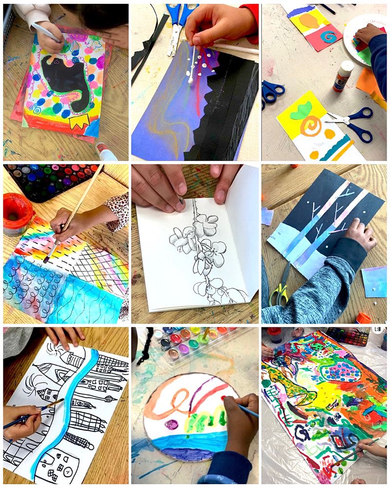A collection of photos of students working on various art projects