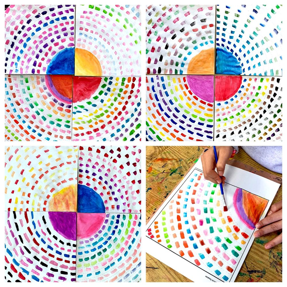 Brightly coloured watercolour paintings, divided into quarters, painted in the mosaic style of Alma Thomas