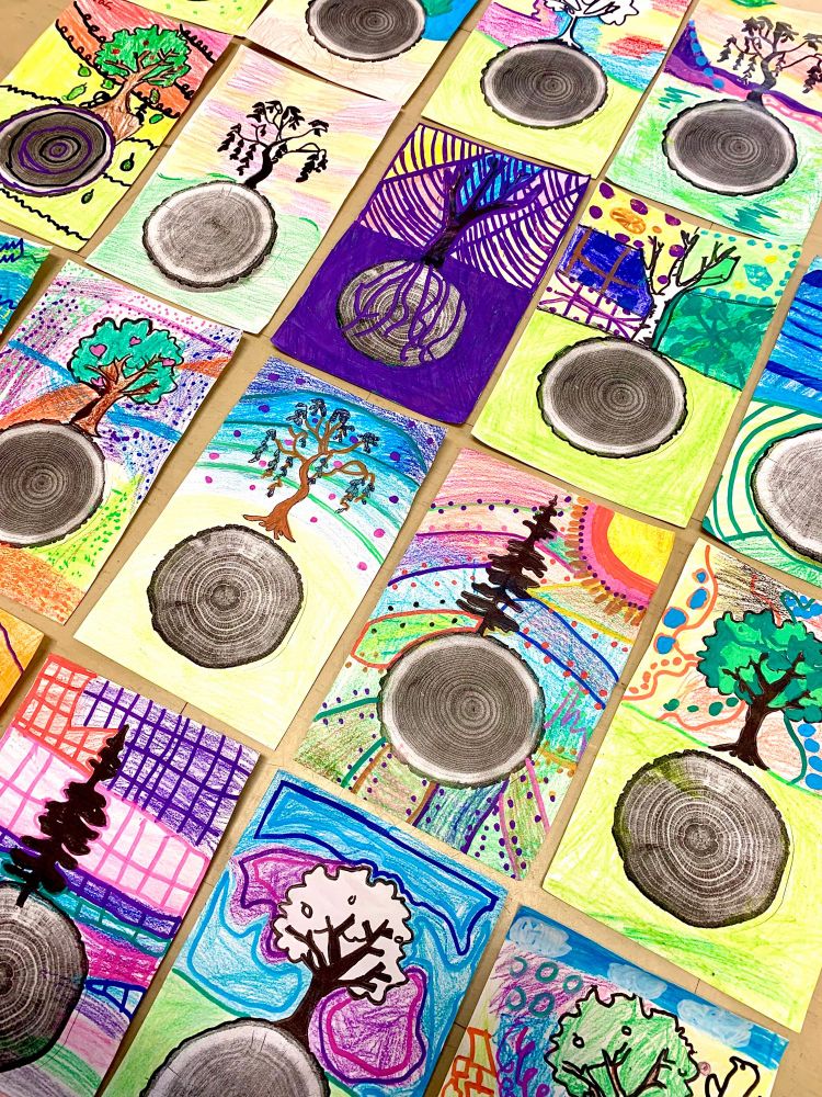 Tree silhouettes with colourful patterned backgrounds 