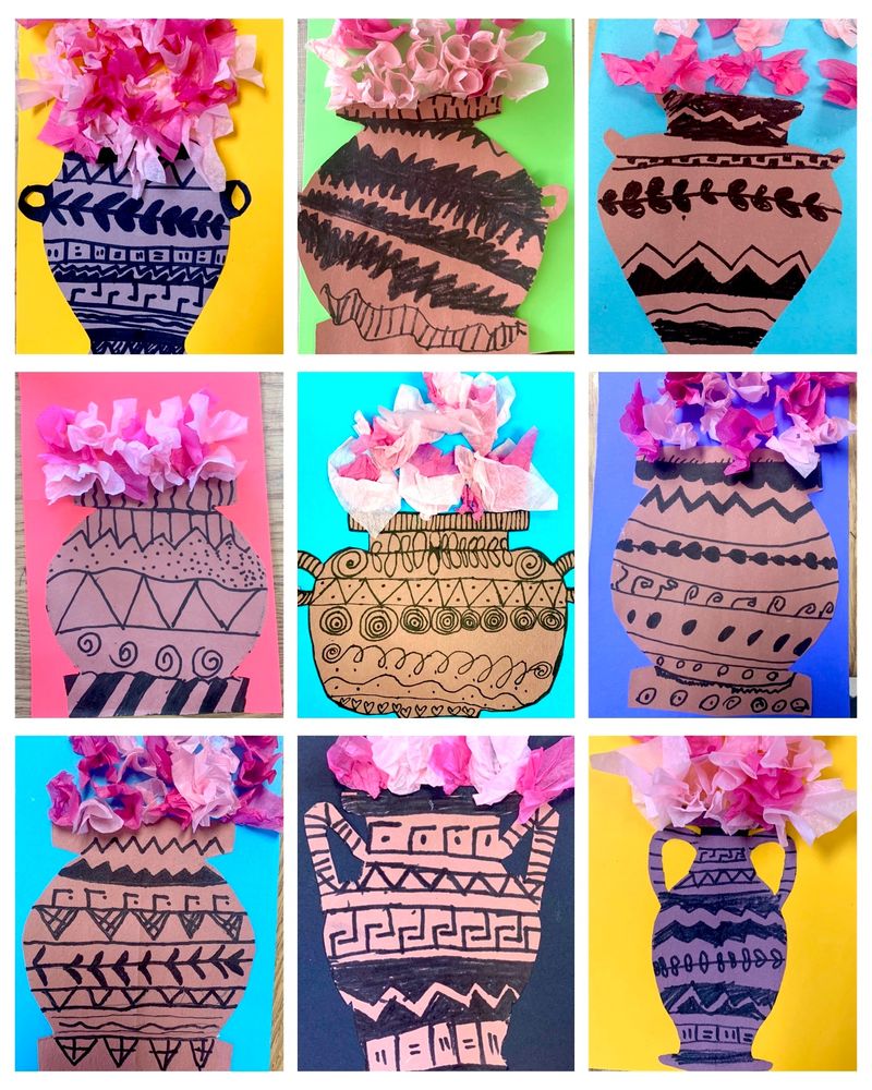 Hand drawn Greek-inspired vases, focusing on patterning & symmetry, with tissue paper flowers