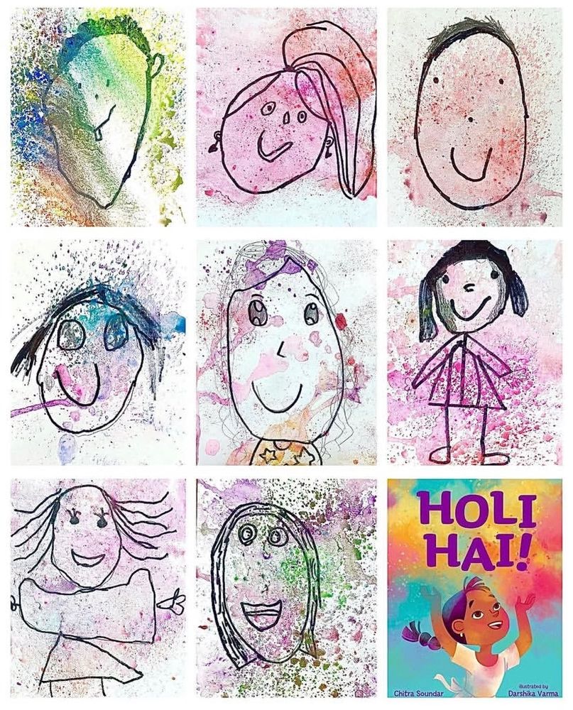 Kindergarten self-portraits made with water and scraped chalk