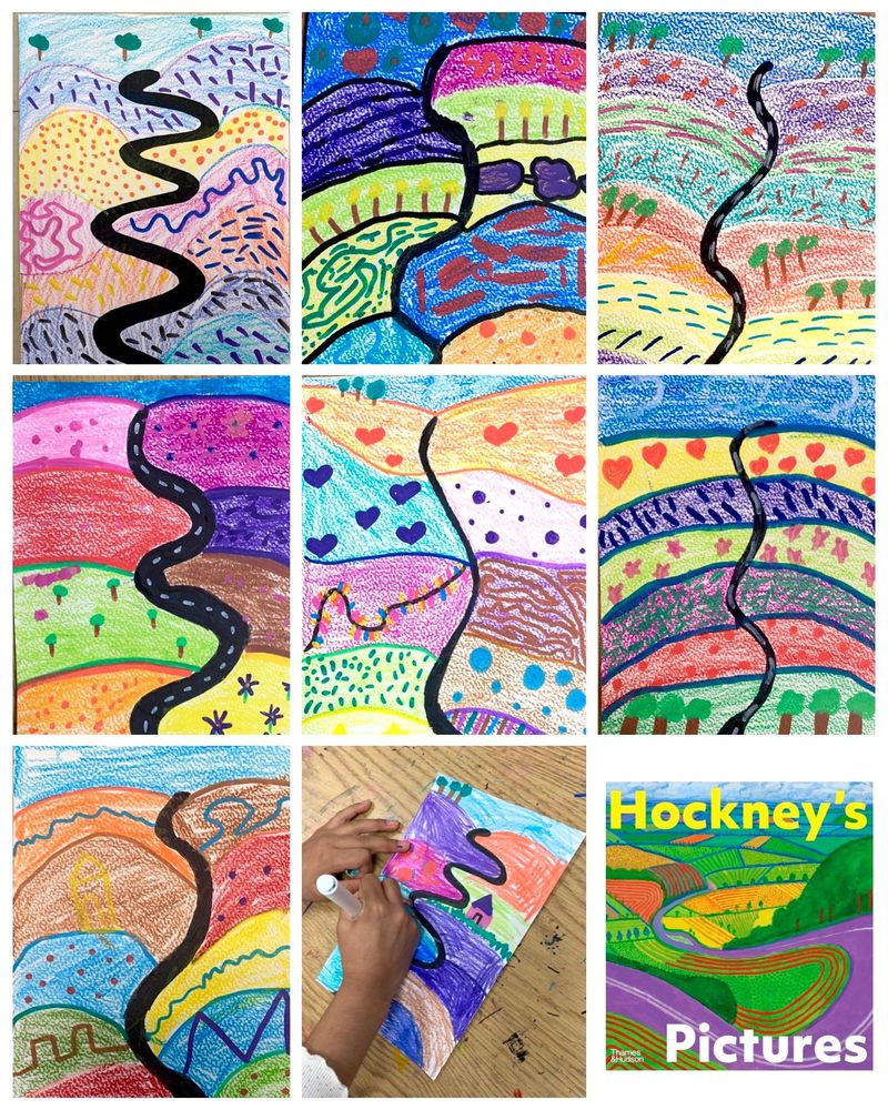Student landscape drawings with winding roads and patterned fields in bright colours