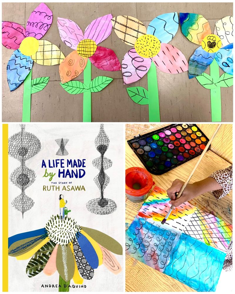 Painted paper flowers, made using black crayons & watercolours