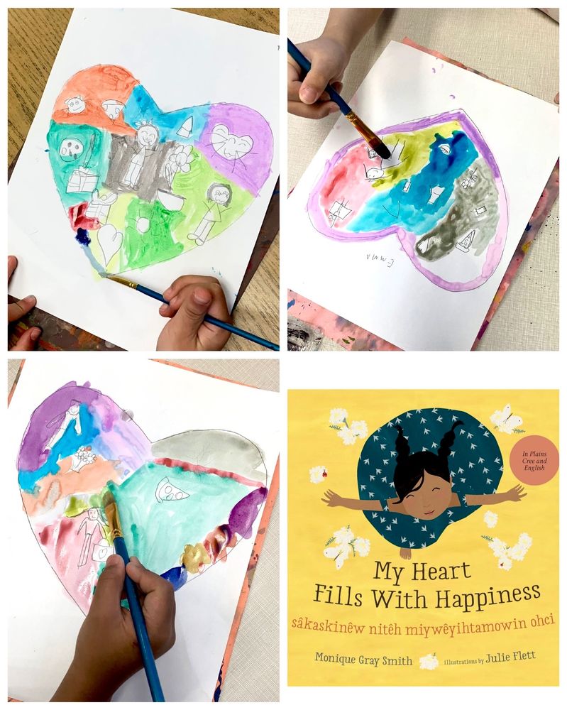 Brightly painted watercolour hearts depicting things inside that make us happy, such as family, pets, food, etc.
