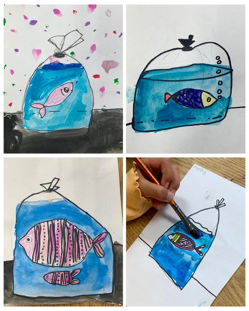 Hand drawn fish in plastic bags/water