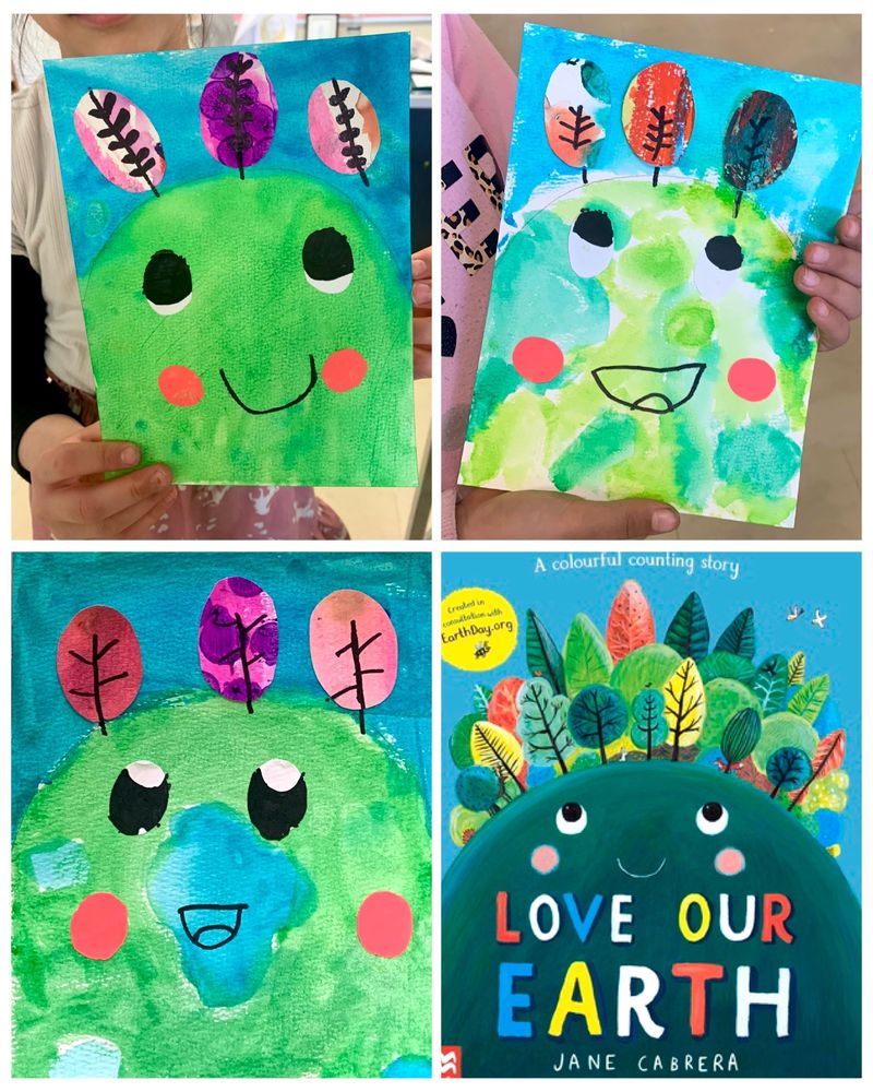 Student artwork: watercolour & collage earths, inspired by the book ‘Love Our Earth’