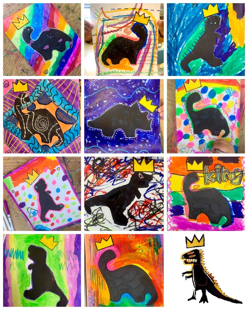Dinosaur silhouettes with brightly painted backgrounds & wearing crowns