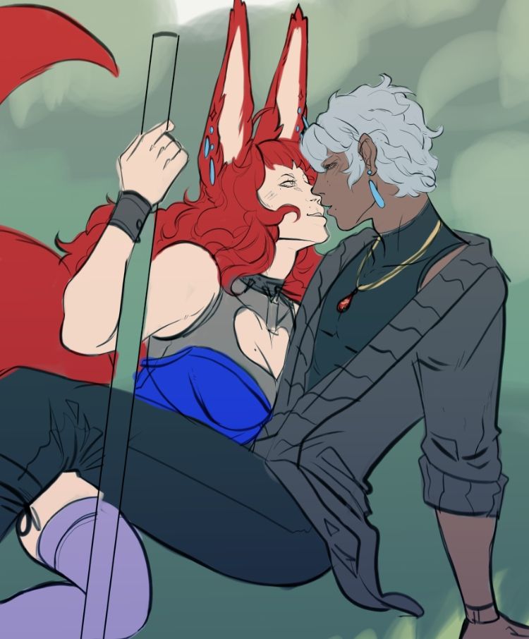 Photo reference from pinterest used for pose. A red headded fox eared woman has placed herself in the lap of her silvery haired lover. He leans back on his hands, ready for a kiss as she smiles into his lips. Using the hilt of her sword for a bit of leverage.