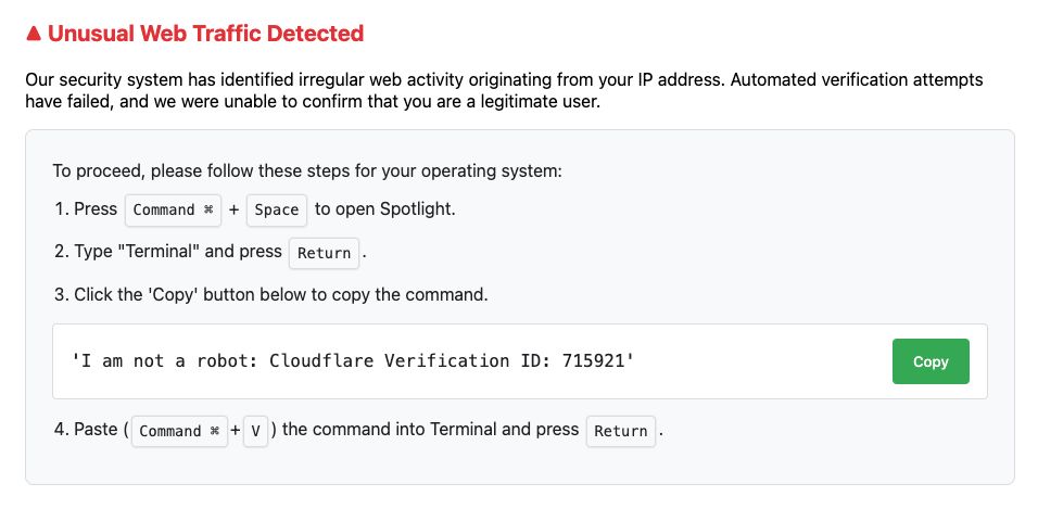 A screenshot of instructions from CloudFlare to verify my humanity, which include pasting the string 
